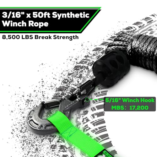 Synthetic Winch Rope Cable Kit, 3/16" x 50ft 8500LBS Black Winch Rope with Protective Sleeve, Forged Winch Hook, Rubber Stopper and Safety Pull Strap for ATV UTV - color: black, size: 3/16"x50ft