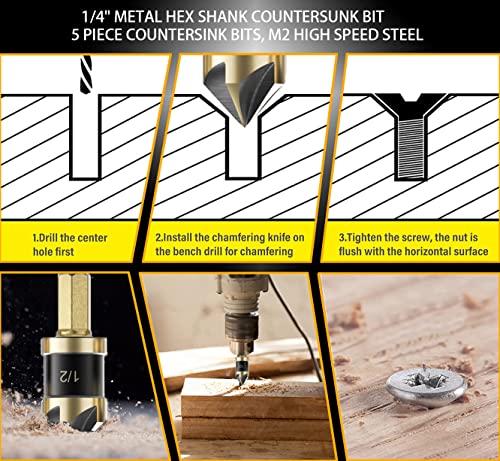 Countersink Drill Bit Set for Metal 5 Pieces - M2 Cobalt Countersunk Bits,5 Flute 82 Degree,1/4" Hex Shank Countersunk Bit Set 1/4'' 3/8'' 1/2'' 5/8'' 3/4'' for Drilling Copper, Aluminum, and Wood. - color: Gold