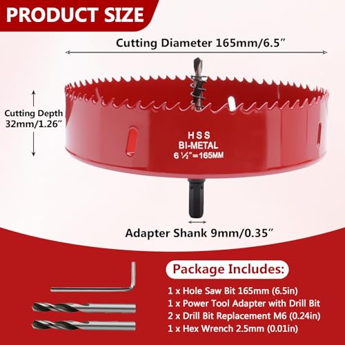 6.5 Inches/165mm Bi-Metal Hole Saw with Pilot Bit & Arbor - color: Red, size: 6.5 inches