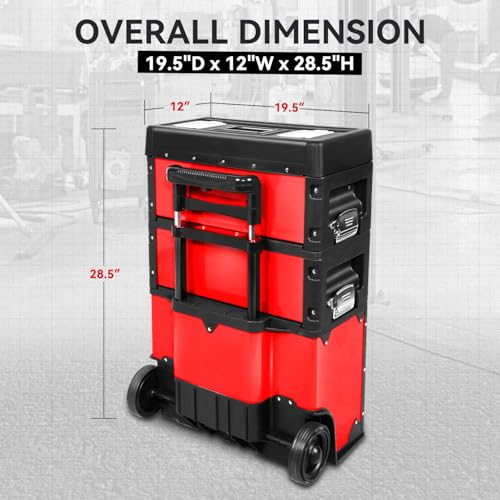 Auto Dynasty 3-Tier Rolling Trolley Tool Box Stackable w/Wheels, 19.5"Red - color: Red
