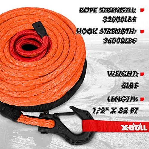 X-BULL Synthetic Winch Rope - Cable Kit -1/2" X 85ft 32000LBS Winch Line with Protective Sleeve Forged Winch Hook Safety Pull Strap go for 4WD Off Road Vehicle Truck SUV ATV UTV-Orange - color: Orange, size: 1/2" X 85ft