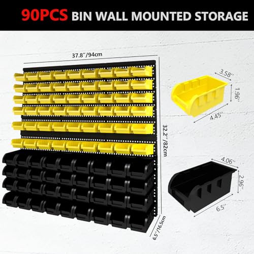 90Pcs Plastic Wall Mounted Storage Bins Parts Rack Nuts And Bolt Bins Organizer For Shop Garage for Screws, Nuts, Bolts, Nails, Beads, and Small Hardware Parts(YELLOW+BLACK, 90) - color: Yellow+Black, size: 90