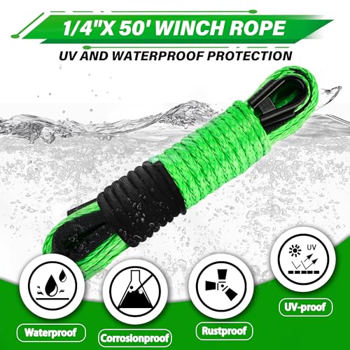 TYT Synthetic Winch Rope Kit - 1/4'' x 50' with 10000 lbs Strength, Protective Sleeve, Heavy Duty Hook, Rubber Stopper, & Safety Pull Strap for Off-Road 4x4 Vehicles (Green) (JPS1450OG) - color: Green, size: 1/4'' x 50'