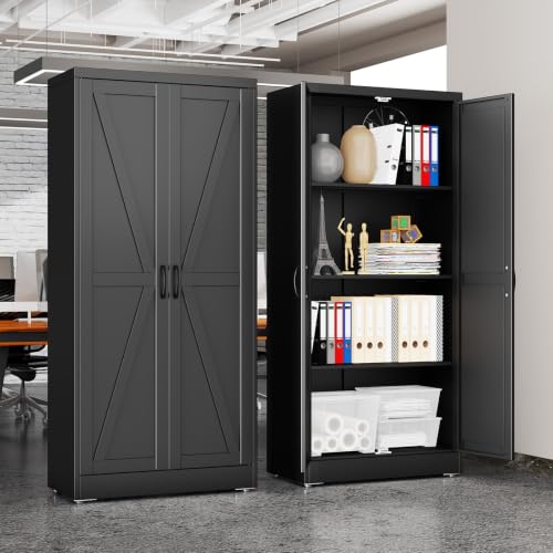 erosoei 63" H Metal Garage Storage Cabinet, Black Metal Pantry Cabinet with 2 Doors, Locker Steel Cabinet with 3 Adjustable Shelves, Freestanding Cupboard for Garage,Office,Home,Gym,School - color: Black, size: 63" NCasNLck-M