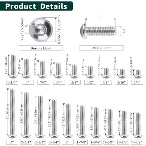 3/8-16 x 3/4" Button Head Socket Cap Bolts Screws, 304 Stainless Steel 18-8, Full Thread, Coarse Thread UNC, Allen Hex Drive, 10 PCS - size: 3/8-16 x 3/4"