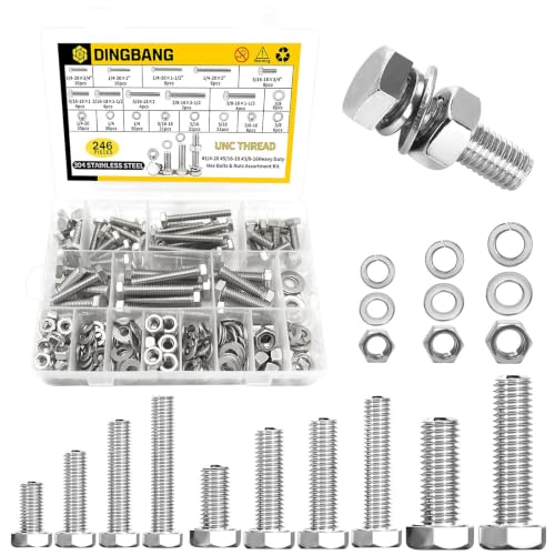 246Pcs Hex Bolts and Nuts Assortment Kit,1/4-20,5/16-18,3/8-16 Stainless Steel Assorted Hex Head Bolts and Nuts,Flat & Lock Washers Set,Fully Threaded,for Home, Auto,Electronic & Industrial Repair - size: 1/4,5/16,3/8