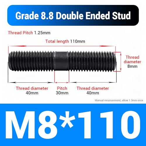 20pcs M8*110mm Double End Threaded Stud, Grade 8.8 Carbon Steel Black Oxide Finish Equal Long Threaded Rod Bar for Furniture Industrial Maintenance Connection Fasteners - size: M8*110-20PCS