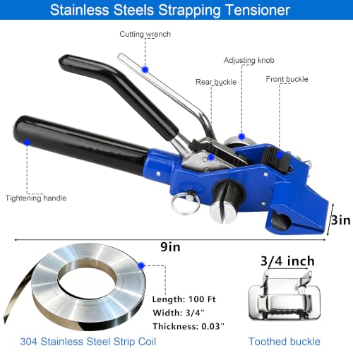 Metal Banding Strapping Kit Includes 200 ft Length 304 Stainless Steel Strapping 100 Metal Buckle a Strapping Tensioner Tool and a Pair of Gloves Metal Strapping Tool for Pallets Logistics Warehouse
