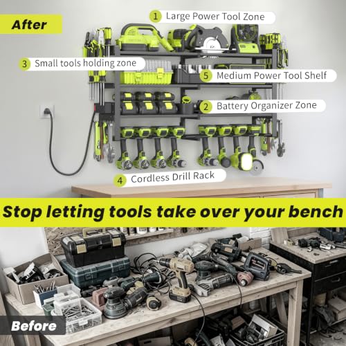 Power Tool Organizer Wall Mount with Charging Station, 8 Drill Holders - size: 32.8" Width 4-Tier