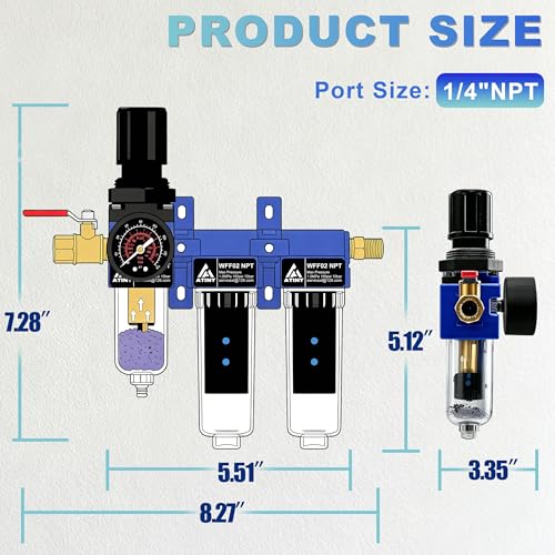 1/4" NPT Three Stage Air Dryer System,Brass Filter,Double Carbon Fiber Deodorizing Filter Cartridge,Semi-Auto Drain, Metal Bracket-Blue - style: 3 Stage