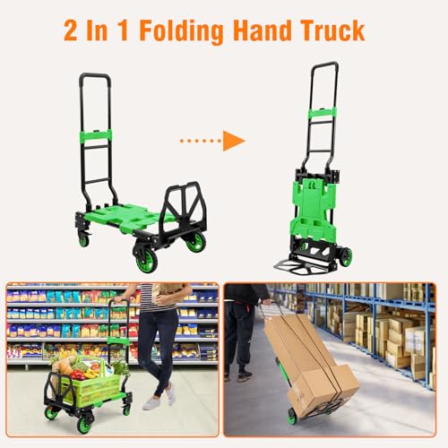 2-in-1 Folding Hand Truck, 400 lb Heavy-Duty Dolly Cart with Wheels, 3-PositionAdjustable Handle and 59″ Bungee Cord with Hooks
