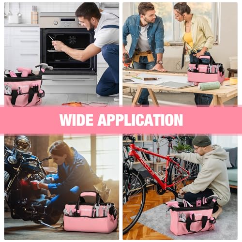 WORKPRO 13-Inch Tool Bag, Pink Soft Cloth Tool Storage Bags, Wide Mouth Tool Tote Bag with Inside Pockets - Pink Ribbon - color: Pink