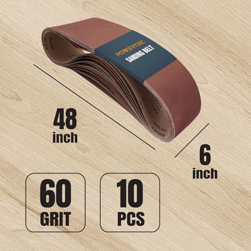 POWERTEC 6 x 48 Inch Sanding Belts, 10PK, 60 Grit Aluminum Oxide Belt Sander Sanding Belt for Bench Belt Sander, Wood & Paint Sanding, Metal Polishing (110170V) - size: 60 Grit, 10pk
