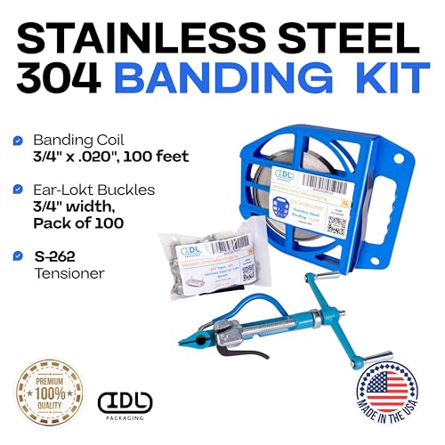 IDL Packaging 3/4" Stainless Steel 304 Banding Kit – Heavy-Duty Banding Tool + 3/4" x 0.02" x 100' Stainless Steel 304 Banding Coil + 100 Stainless Steel Ear-Lokt Buckles - size: 3/4" x 0.02" x 100', style: SS 304 + Ear-Lokt Buckles