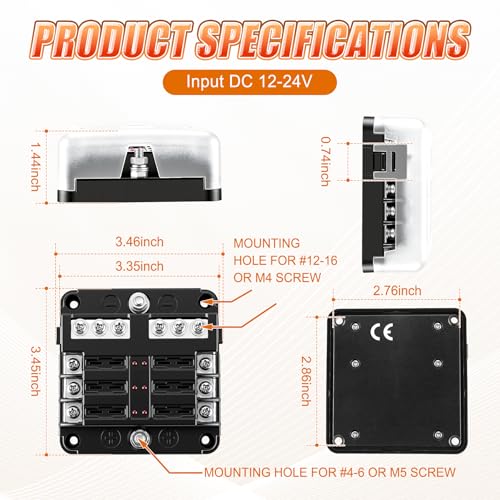 GaRhomxy 6 Way Fuse Block, 12V Marine Fuse Block with LED Warning Indicator, Waterproof Boat Fuse Panel & Power Distribution Block, 12-24V DC Fuse Box for Car Marine RV Truck Van ATO/ATC - size: 6 Way