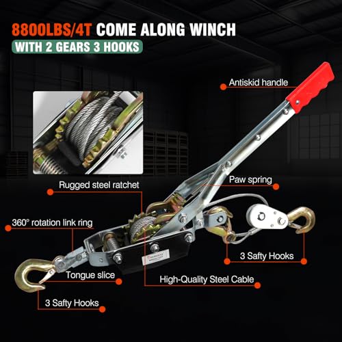 4T Come Along Winch, 8800lbs Pulling Capacity, 10ft Steel Cable - size: 4T-8810lbs-10FT-3Hook