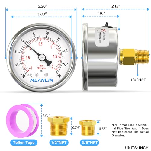 MEANLIN MEASURE -30inHG~30Psi Vacuum Gauge Stainless Steel 1/4" NPT 2" FACE DIAL Waterproof for Air Compressor HVAC Negative Pressure Hand Pump Pool Back Mount with 1/2" NPT and 3/8" NPT Hex Bushing - size: -15-30Psi