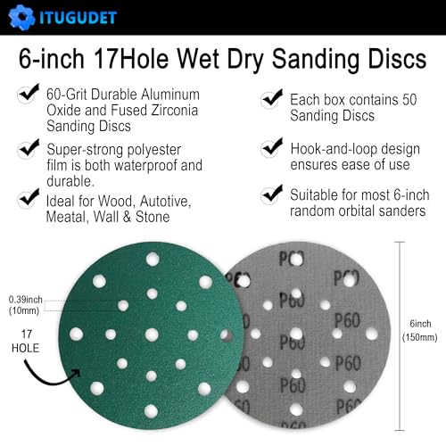 6-Inch 17-Hole 60 Grit Zirconia Alumina Hook & Loop Sanding Discs, Heavy-Duty Polyester Film Backing, Wet/Dry Anti-Clog for Random Orbital Sanders - Wood, Automotive, Metal - 50 Pack - color: 60 Grit, size: 6 Inch 17 Hole