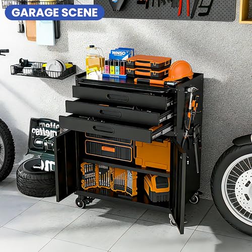 Metal Mobile Tool Storage Cabinet with 2 Locking Door and 3 Drawer - color: Black, style: 2 doors 3 drawer with wheels
