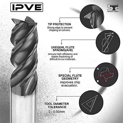 SPEED TIGER Carbide Square End Mill - 4 Flute - IPVE3/8 4 (1 Piece, 3/8") - Unequal Flute Spacing & Helix Design - Anti-Vibration - for Stainless Steel - Mill Bits Sets for DIYers & Professionals - size: 3/8 in