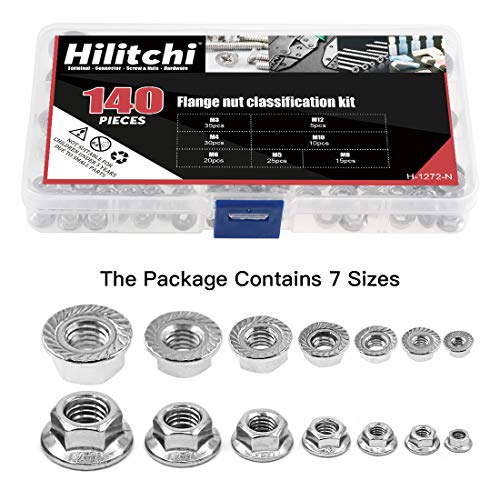 Hilitchi 140-Pcs M3 M4 M5 M6 M8 M10 M12 Hex Flange Nuts Assortment Kit - 304 Stainless Steel - size: 140Pcs Metric Hex Flange Nuts