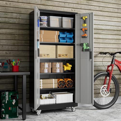 Reemoon 71" H Metal Garage Storage Cabinet with Wheels,Pegboard,Shelves - color: Black-dark Grey, size: 18"D x 34"W x 71"H