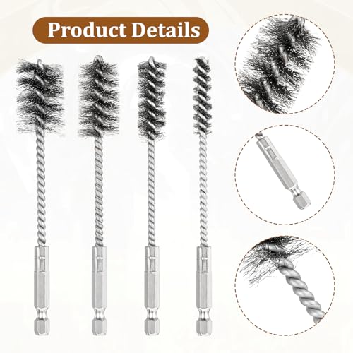 4 Pcs Stainless Steel Wire Brushes for Drill Stainless Steel Bore Brush Set 3/8'' 1/2'' 3/4'' 7/8'' Bristles Wire Brush with Hex Shank Handle for Drill Ports Tubes Bearings Cleaning Parts