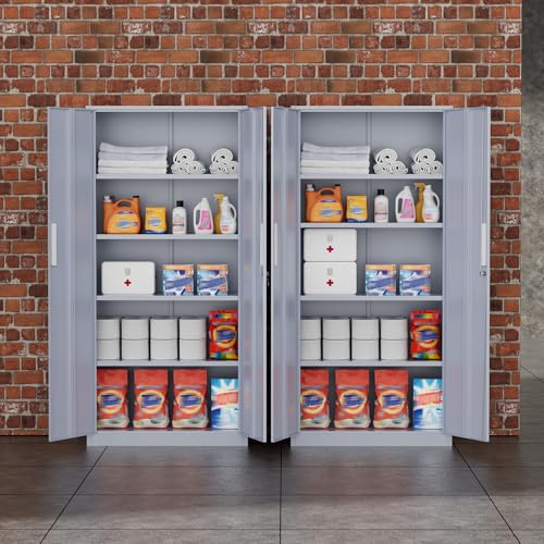 Greenvelly Metal Storage Cabinet,72" Locking Metal Garage Storage Cabinet with Doors and 4 Adjustable Shelves, Lockable Steel Cabinet for Home Office, Garage, Shop, School (Dark Grey 32" W x 16" D) - color: Dark Grey, size: 72 Inch - 32W