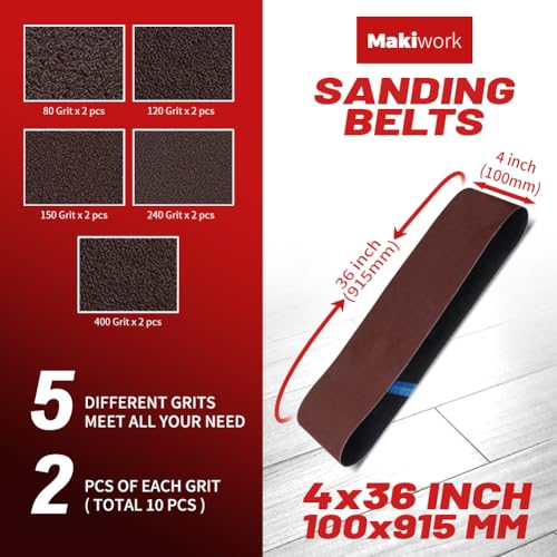 Sanding Belts & PSA Sanding Discs Set - 10 Pack 4x36 Inch Aluminum Oxide Belts (80/120/150/240/400 Grit) and 18 Pack 6-Inch Self-Adhesive Discs (80/100/120/180/240/400 Grit) for Wood, Metal Polishing - style: 4x36 in belts + 6 in PSA discs