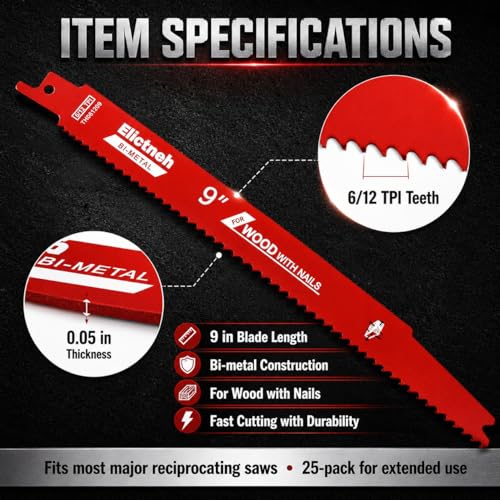 25 Pack 9-Inch 6/12 TPI Reciprocating Saw Blades for Nail-Embedded Wood - size: 9 Inch