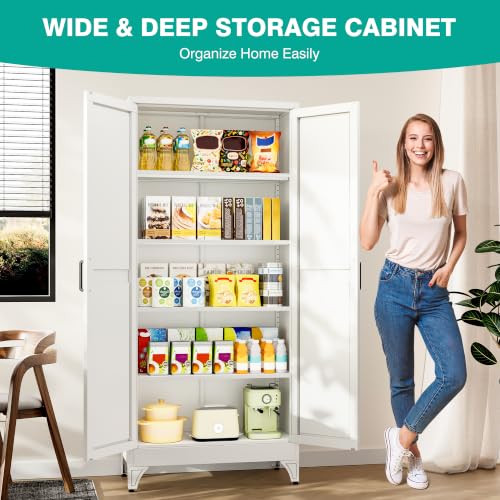 SISESOL 71" Tall Pantry Cabinet,Farmhouse Kitchen Pantry Storage Cabinets with 2 Doors and 5 Shelves,White Metal Storage Cabinet,Large Cupboard for Home,Kitchen,Dining/Living Room - color: White, size: 71"H-B