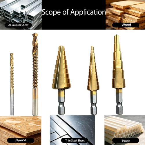 Titanium Coated Step Drill Bit and HSS Twist Drill Bit Set 5pcs,Multi Size (1/8" to 3/4") for Wood,Sheet Metal,Aluminum and Plastic Hole Drilling Cutting,with Portable Bag for DIY Lovers