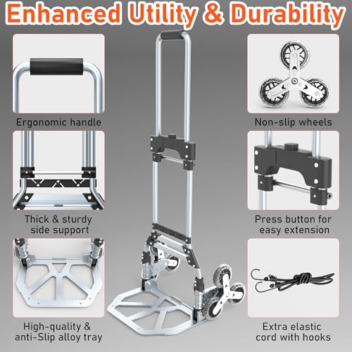 Stair Climbing Cart, 220 LBS Aluminum Stair Climber Dolly, Heavy Duty Folding Hand Truck Dolly with 6 Wheels, Telescoping Handle and Elastic Rope for Home, Moving, Groceries, Warehouse - color: Blcak, size: 180 lbs