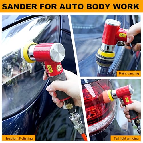 SI FANG Mini Random Orbital Air Sander Kit, Pneumatic Polisher 1/2/3 inch - style: 1"2"3" Buffer&Sander Kit Red