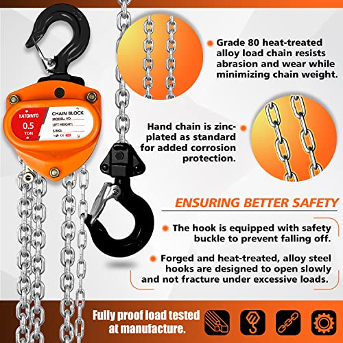 YATOINTO Chain Hoist 1/2 Ton (1100Lbs) Capacity 10FT, Manual Hand Lift Chain Block Hoist with 2 Heavy Duty Hooks, Industrial Grade Structures, Hand Chain Hoist for Garages Automotive Machinery - size: 1/2 Ton (1100LBS)