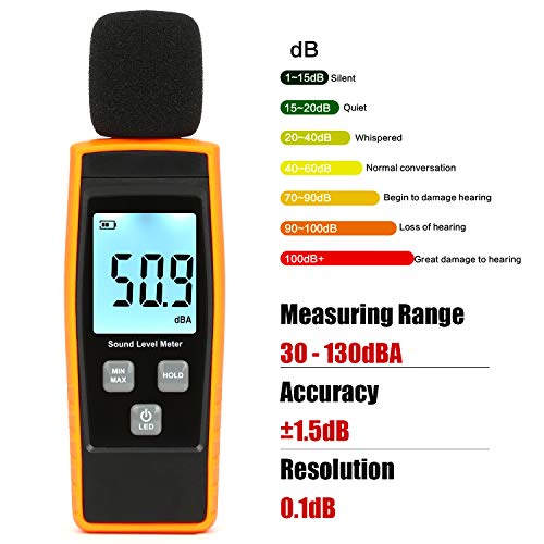 Decibel Meter, Portable SPL Meter (Sound Pressure Level Meter), Digital Noise Meter, Range 30-130 dB(A) db Meter, Noise Volume Sound MonitorTester (Battery Included) Yellow - color: Yellow/Black