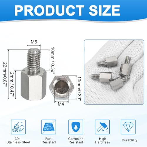 PATIKIL Standoff Screws, 4pcs M6x10mm Male to M4x12mm Female 304 Stainless Steel Thread Reducing Hex Standoff Spacer Screw Nuts Thread Adapters Reducer for PCB Motherboard - size: M6x10mm Male to M4x12mm Female