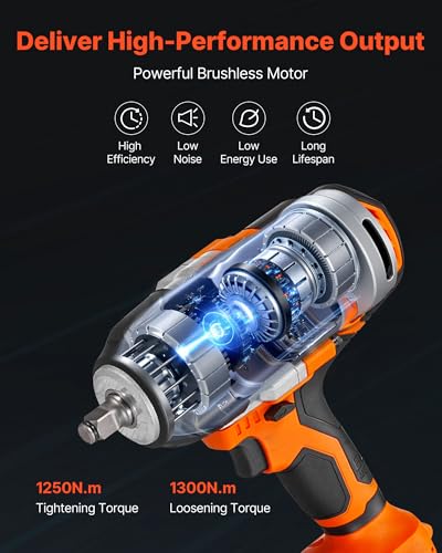 VEVOR Cordless Impact Wrench, 958.8 ft-lbs / 1300 N·m High Torque, 1/2 inch, 20V Electric Impact Wrench with Brushless Motor, 2 x 4Ah Batteries, Charger, 5 Sockets and Belt Clip, for Car Tire Truck - size: 1/2 inch-20V, style: 1/2inch - 2x4Ah Batteries