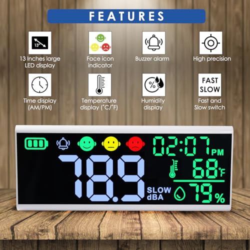Decibel Meter 13 inches Sound Decibel Meter, Wall Hanging and Desktop Sound Level Meter Large LED Noise Meter Displays Decibel Time Temperature Humidity with Buzzer & Icons Alarm for Classroom Studio