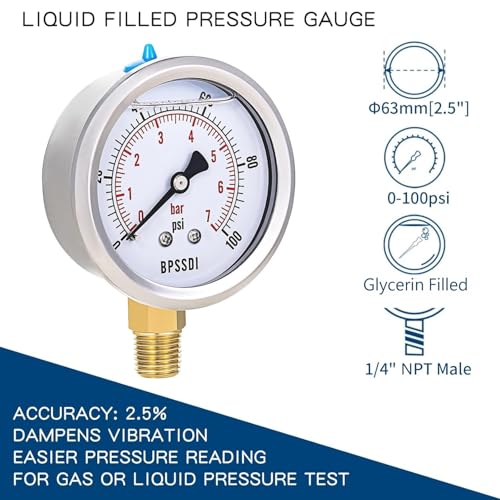 0-100 Psi Glycerin Liquid Filled Low Pressure Gauge, 2.5" Dial Size, 1/4" NPT Lower Mount, 304 Stainless Steel Case, for Water Pump, Pneumatic Air, RV Hose, Gas Pressure Test - size: 0-100 psi, style: Lower Mount