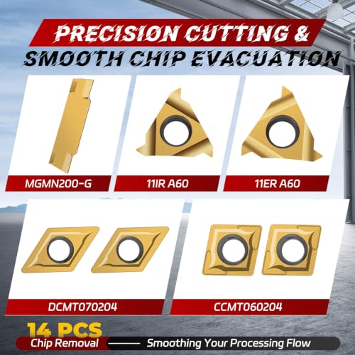 Indexable Lathe Turning Tool 21Pcs Kit 3/8'' 10mm Shank 7Pcs Metal Lathe Tools Holder Set with 14Pcs Turning Inserts for Turning Grooving Threading Boring Carbide Inserts Carbide Turning Tool - style: 7pcs 3/8'' 10mm Shanks+14pcs Inserts