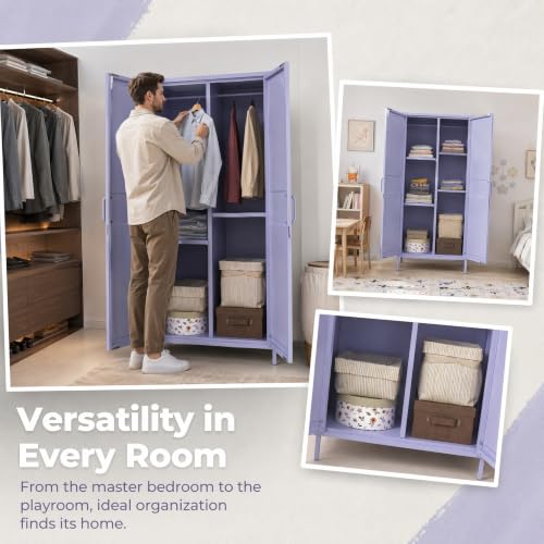 Purple Lockable Armoire Wardrobe Closet Storage Cabinet with Hanging Rod, 67" Metal Wardrobe Cabinet with 2 Doors and 3 Adjustable Shelves for Bedroom, Laundry Room, Cloak Room, Gym, Office - color: Lilac, style: Wardrobe-67"H-YX