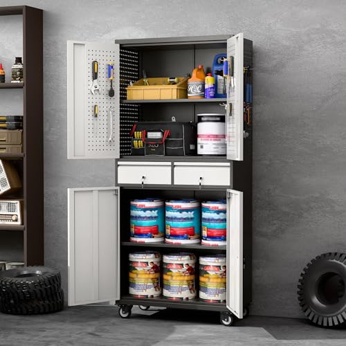 Aobabo Metal Garage Cabinet with 2 Drawers, Wheels & Pegboard, Black Silver - color: Black Silver, size: 15.1"D x 30"W x 71"H
