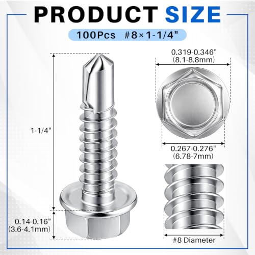 Zonon 100 Pcs #8 x 1-1/4"self Tapping Screws, 410 Stainless Hex Washer Head - color: Silver, size: #8 x 1-1/4"