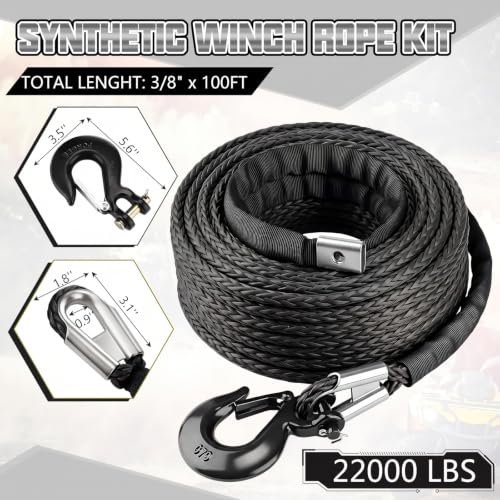 Marsui 3/8" x 100 ft Synthetic Winch Rope Cable Kit, 22000lbs, Black - color: Black, size: 3/8" X 100 ft