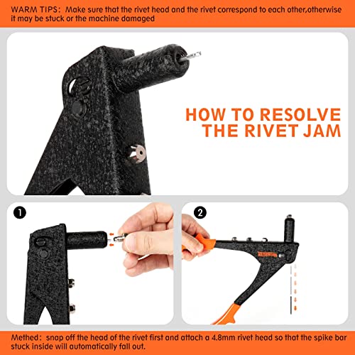 Rivet gun,Professional Pop Rivet Gun Kit with 200Pcs Rivets, 3/32"-1/8"-5/32"-3/16", Heavy Hand Riveter kit Suitable for Metal work, Gutter, Automotive and other common DIY projects - size: 10.5" Rivet Gun With 200PCS Rivets