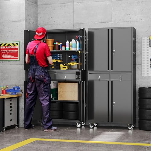 Aobabo Metal Garage Storage Cabinet, 71"x30" Lockable Rolling Tool Cabinet - color: Black, size: 15.1"D x 30"W x 71"H