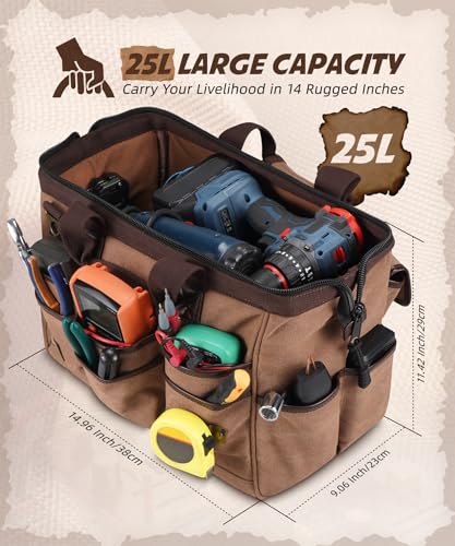 ARCFOX 14 Inch Portable Electrician Tool Bag 21 Pockets - Heavy Duty 16OZ Canvas Tool Bags Organizer with Wide Mouth & Adjustable Shoulder Strap for HVAC, Mechanics, Maintenance, UTV-Effortless Carry