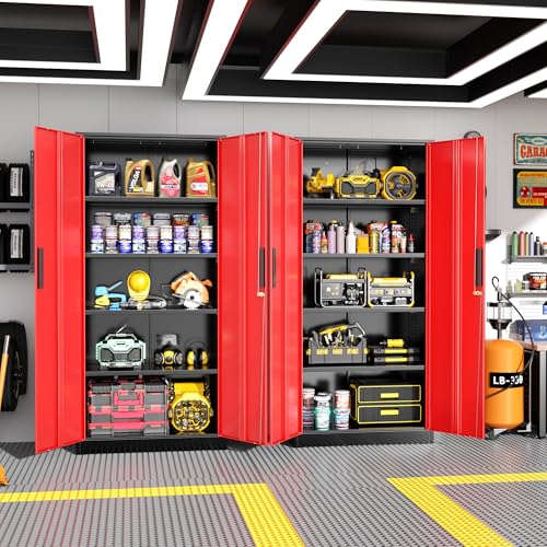 Greenvelly Metal Garage Storage Cabinet with Lock, 72" Metal Storage Cabinet with 2Doors and 4Adjustable Shelves, Steel Tool Cabinet for Home Office, School,Gym (Black&Red) - color: Black Red, style: 72"H