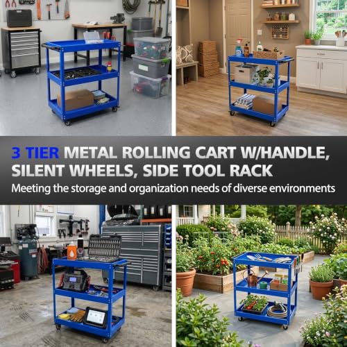 3-Tier Thickened Metal Cart w/Lockable Silent Wheels 440LBS